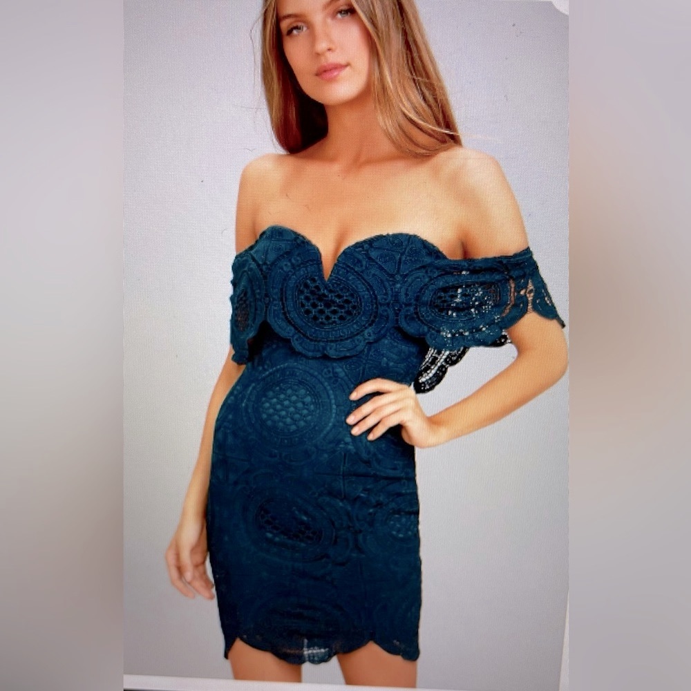 LuLu’s Bellissimo Teal Blue Lace Off-The -Shoulder Bodycon Dress Size XL